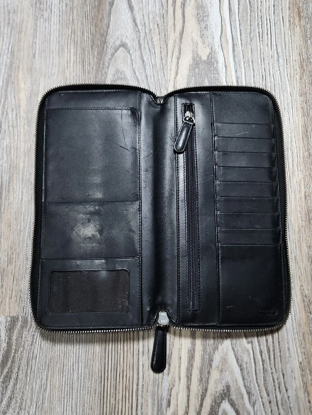 Coach Vintage Fabric Leather Full Zip Travel Wallet Organizer Black Passport